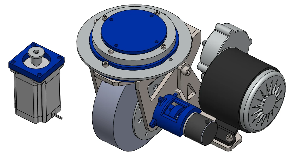 AURA swerve drive module CAD with steering motor, drive wheel, and gearmotor