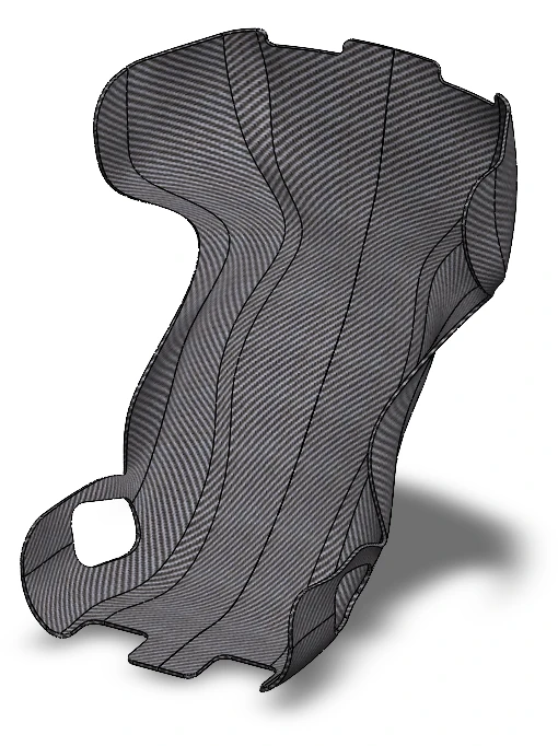 Carbon fiber cockpit seat CAD render showing the layup contours and mounting cutout