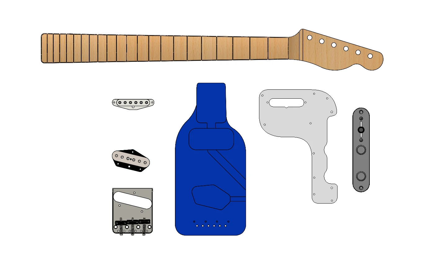 CAD layout of the guitar education kit: neck, body, pickups, bridge, control plate, and pickguard