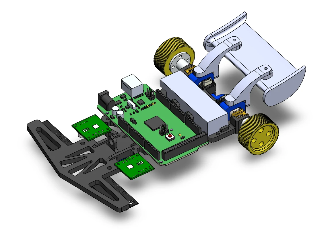 CAD assembly of the line follower robot: chassis, Arduino Mega, dual gearmotors, wheels, and IR sensor boards