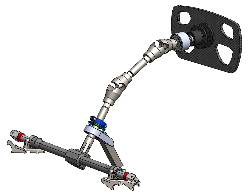 Formula SAE steering column CAD with dual U-joints, quick-release wheel, and steering rack