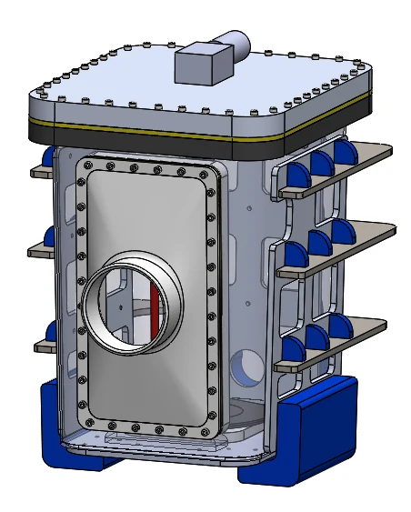CAD of the reinforced vine everting robot: aluminium plates on every face and three C-shaped steel brackets wrapped around the pressure vessel