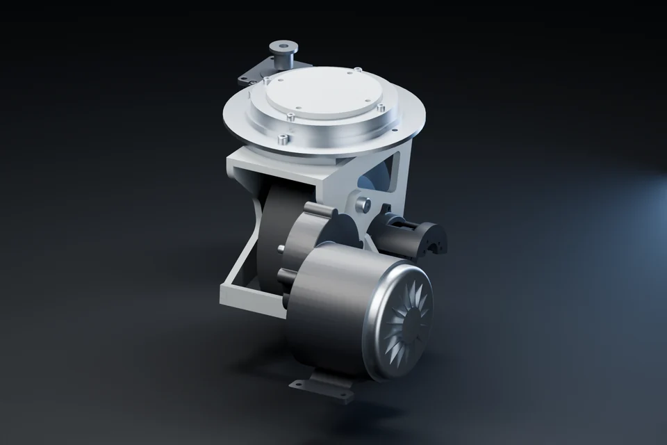 Assembled AURA swerve module with its wheel, motors and metal structure.