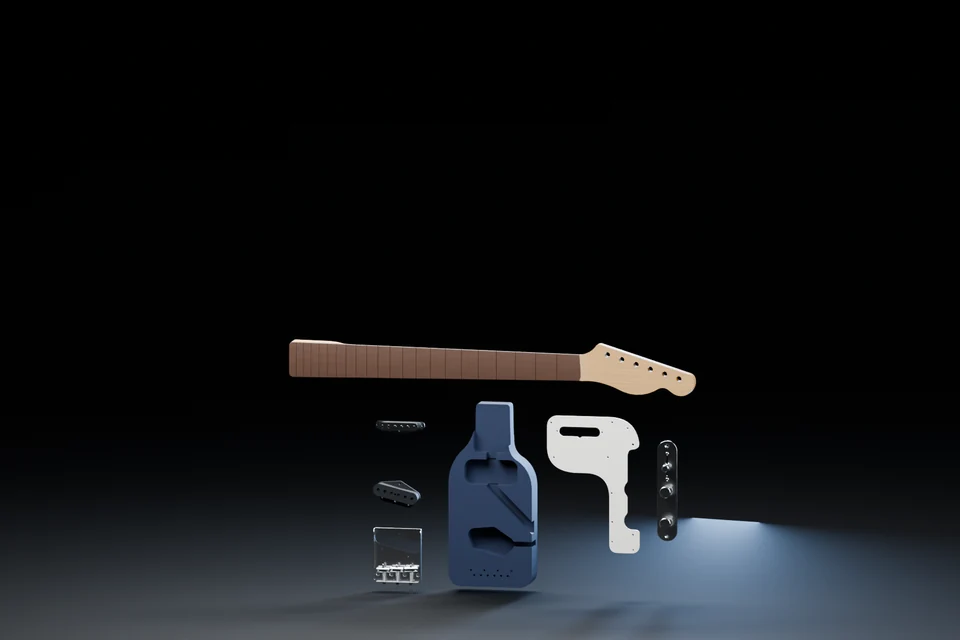 Separated guitar education kit before assembly.