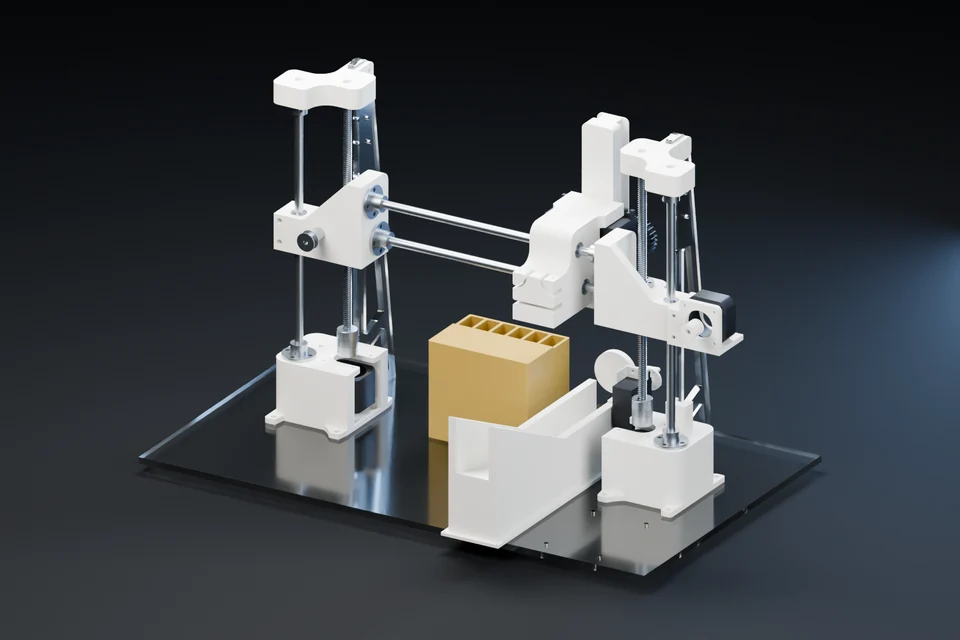 Smelly perfume mixer with its white structure and steel guide rods.