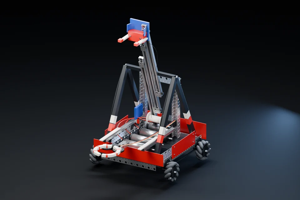 Assembled FTC robot with an aluminum lift, red panels and mecanum wheels.