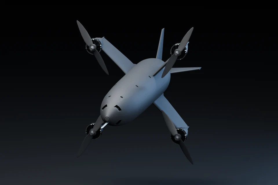 Javelin airframe suspended above the studio floor with four propellers.