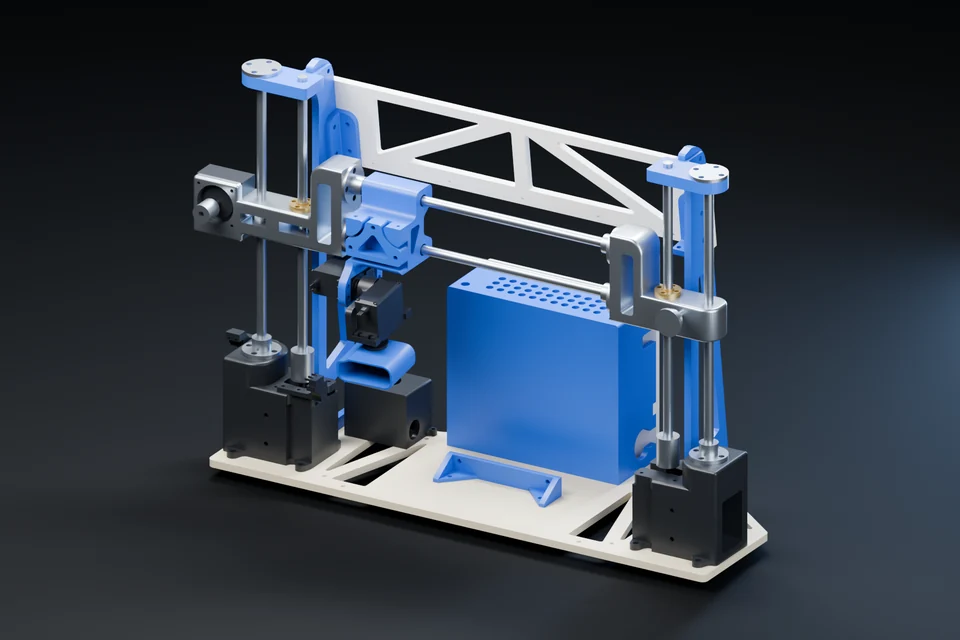 LiDAR scanner with blue printed mounts, guide rods and a plywood base.