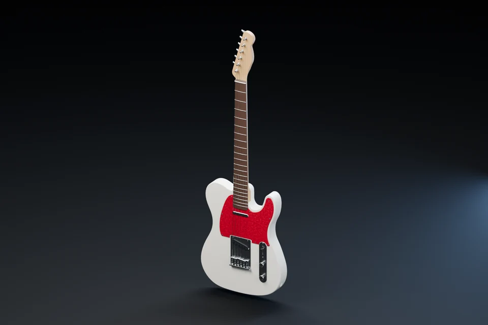 Finished Telecaster-style guitar at the start of its full rotation.