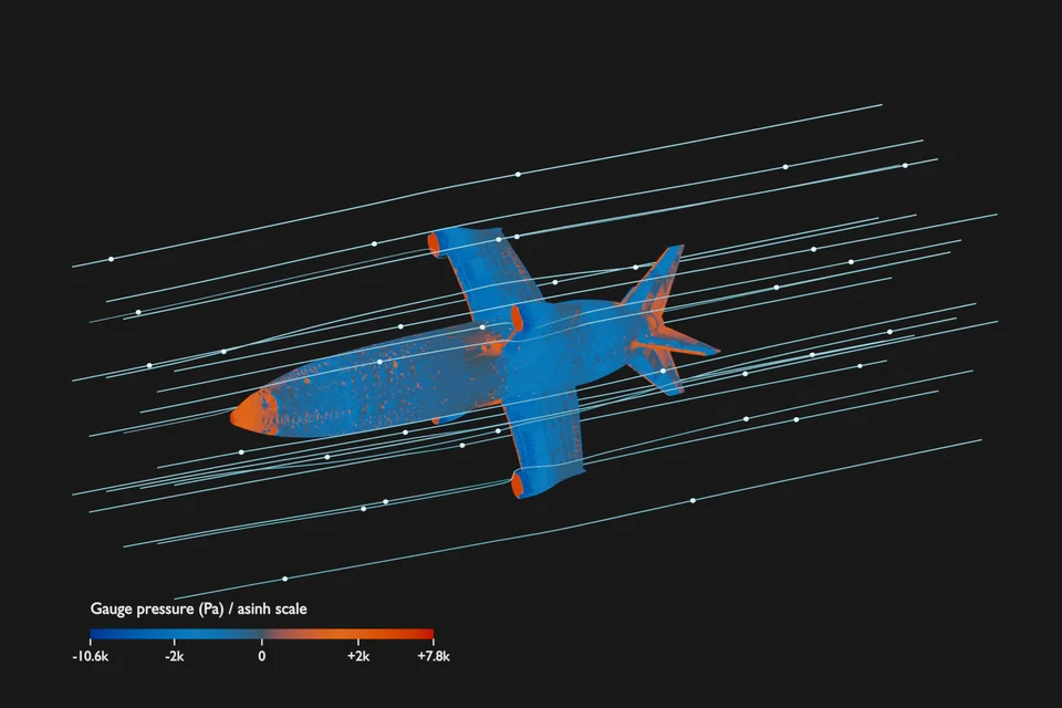 Javelin pressure field and numerical flow paths at the beginning of the flow sequence.