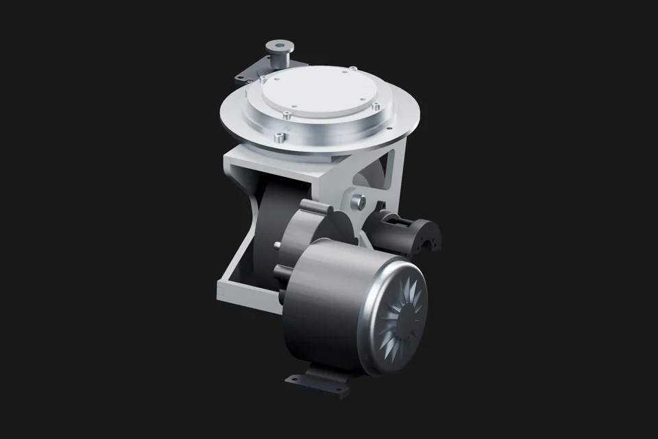 Assembled AURA swerve module with its wheel, motors and metal structure.