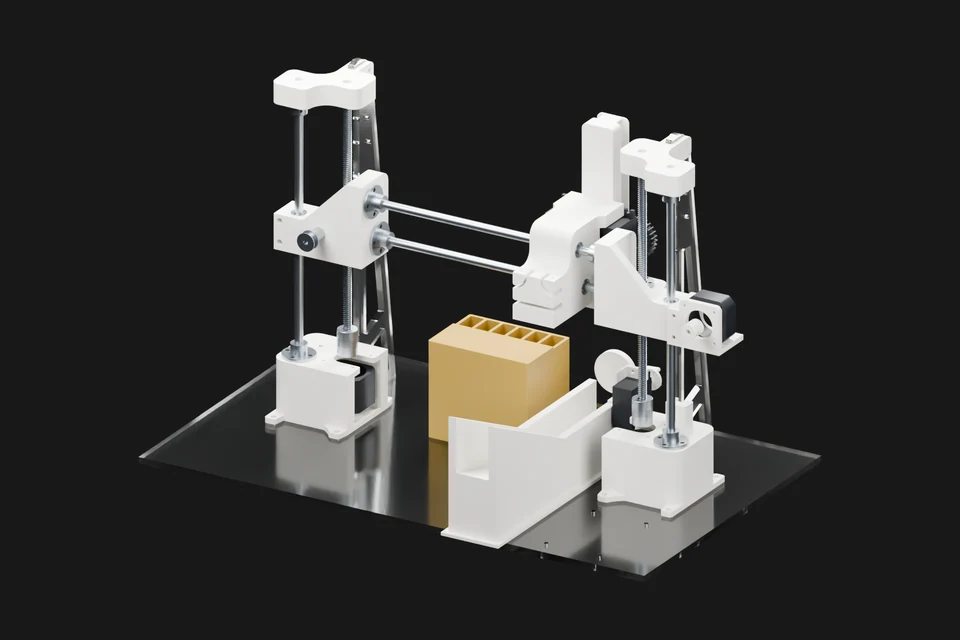 Smelly perfume mixer with its white structure and steel guide rods.