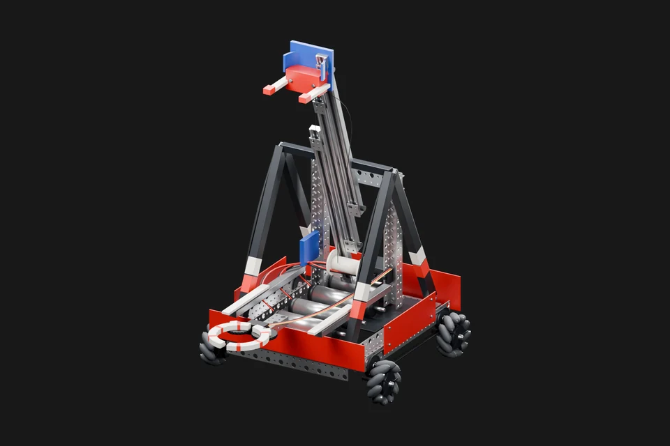 Assembled FTC robot with an aluminum lift, red panels and mecanum wheels.