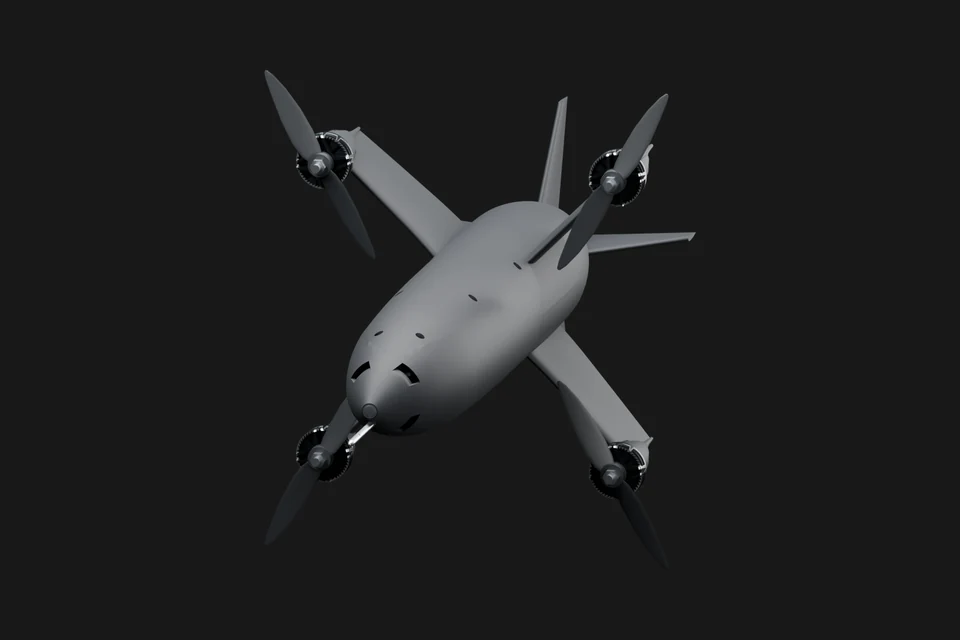 Javelin airframe suspended above the studio floor with four propellers.