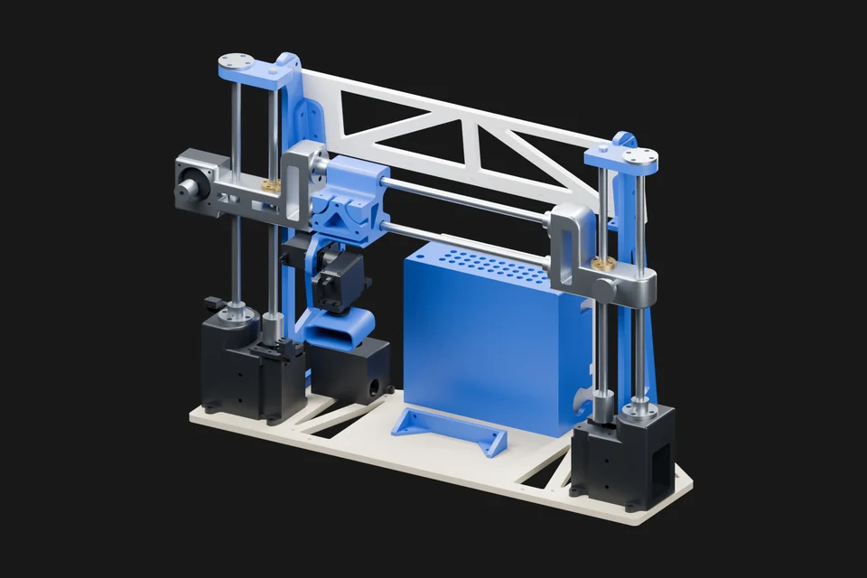 LiDAR scanner with blue printed mounts, guide rods and a plywood base.
