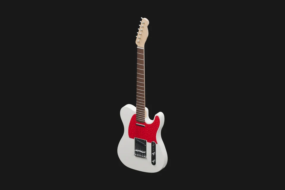 Finished Telecaster-style guitar at the start of its full rotation.