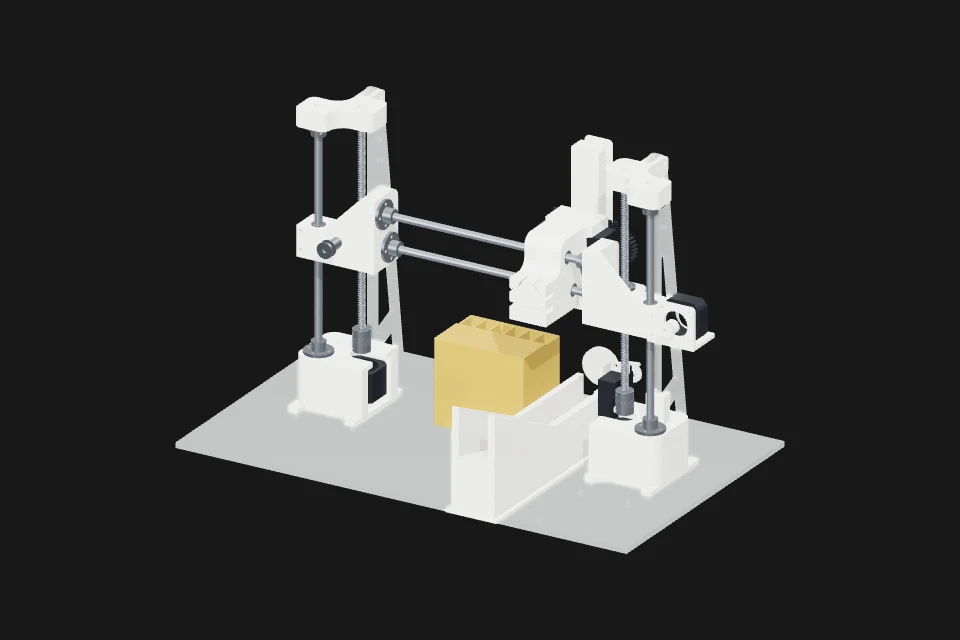 Smelly perfume mixer with its white structure and steel guide rods.