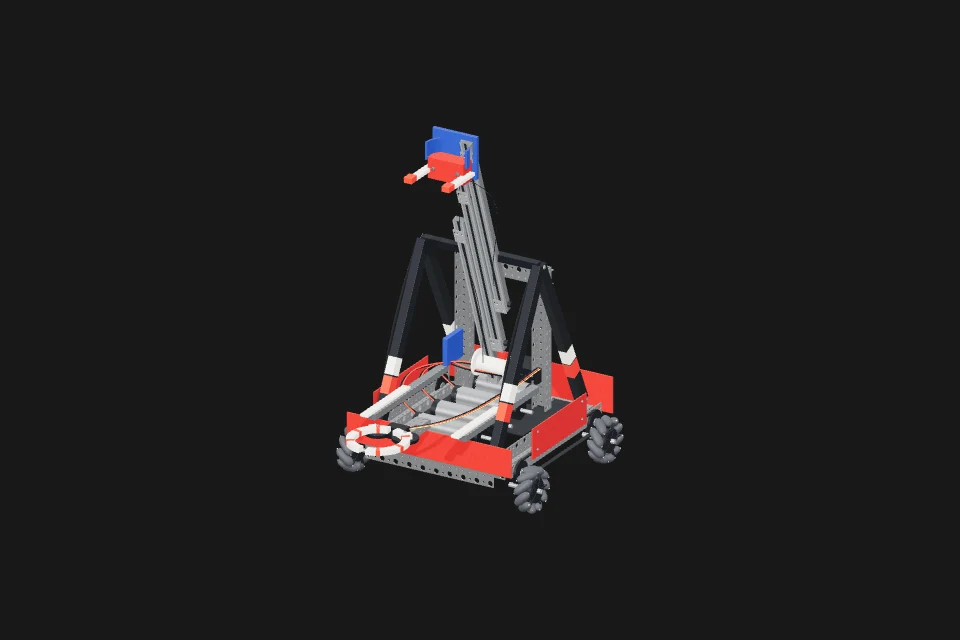 Assembled FTC robot with an aluminum lift, red panels and mecanum wheels.