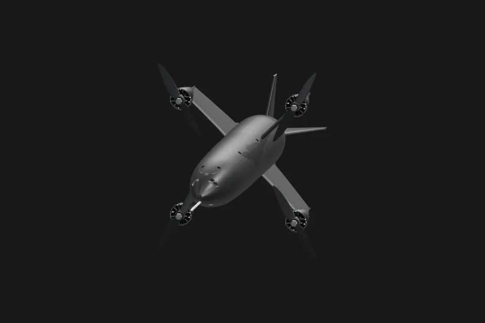 Javelin airframe suspended above the studio floor with four propellers.