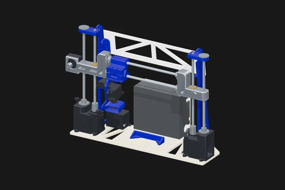 LiDAR scanner with blue printed mounts, guide rods and a plywood base.