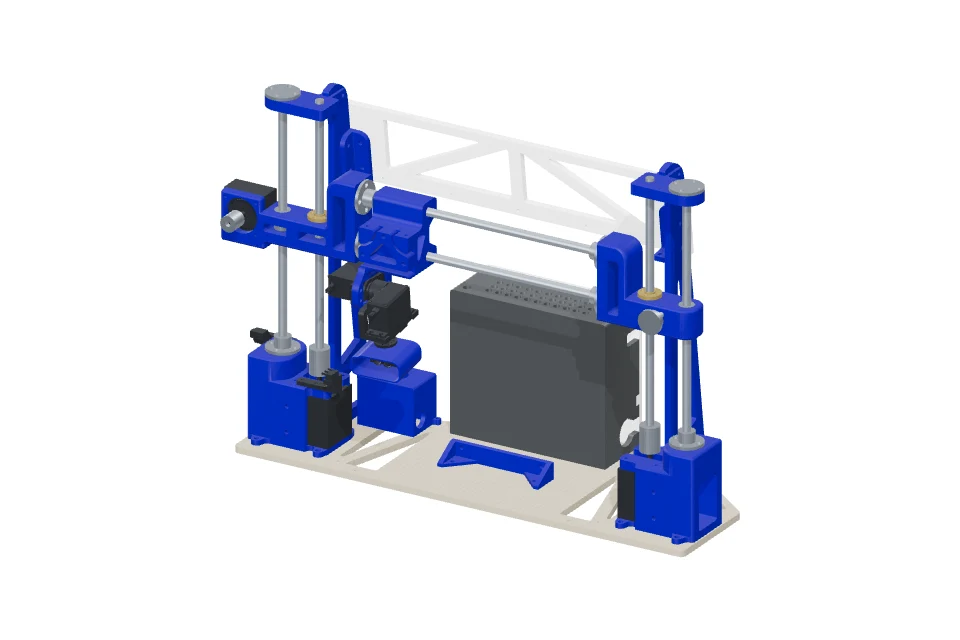 LiDAR scanner with blue printed mounts, guide rods and a plywood base.