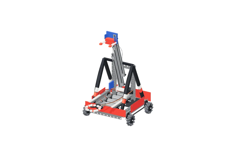 Assembled FTC robot with an aluminum lift, red panels and mecanum wheels.