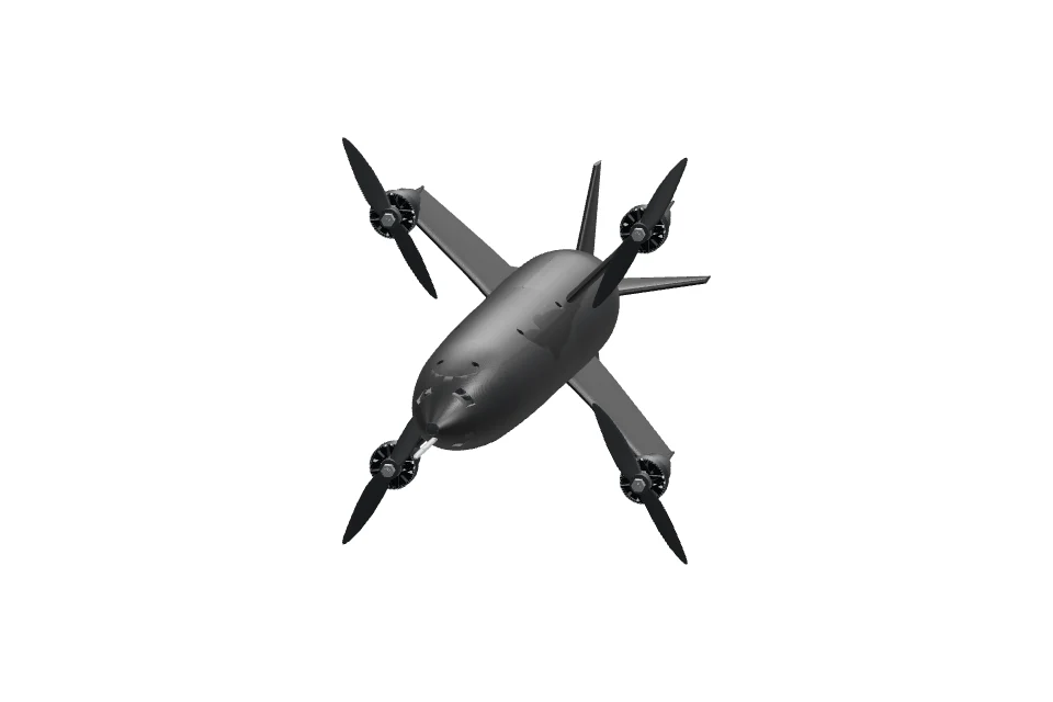 Javelin airframe suspended above the studio floor with four propellers.