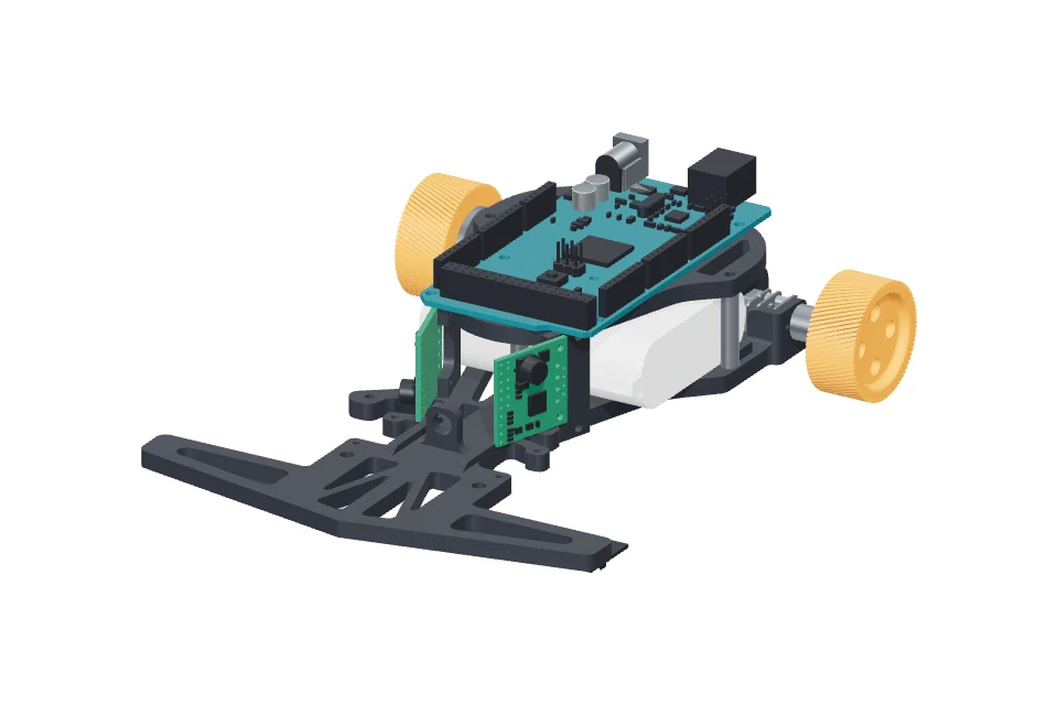 Line-following robot with orange wheels and a teal circuit board.