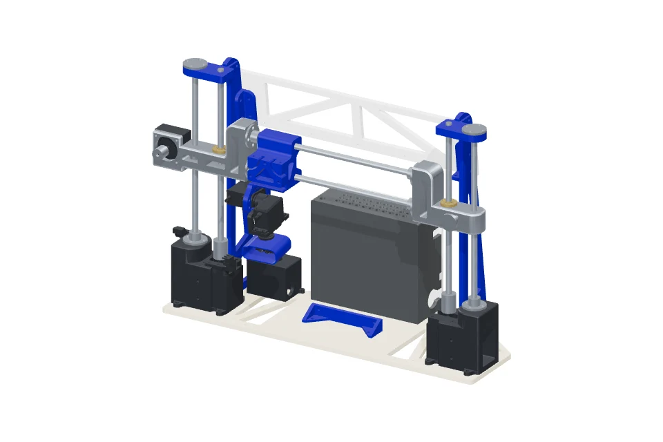 LiDAR scanner with blue printed mounts, guide rods and a plywood base.