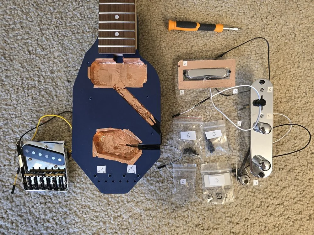 Guitar education kit components arranged on a table