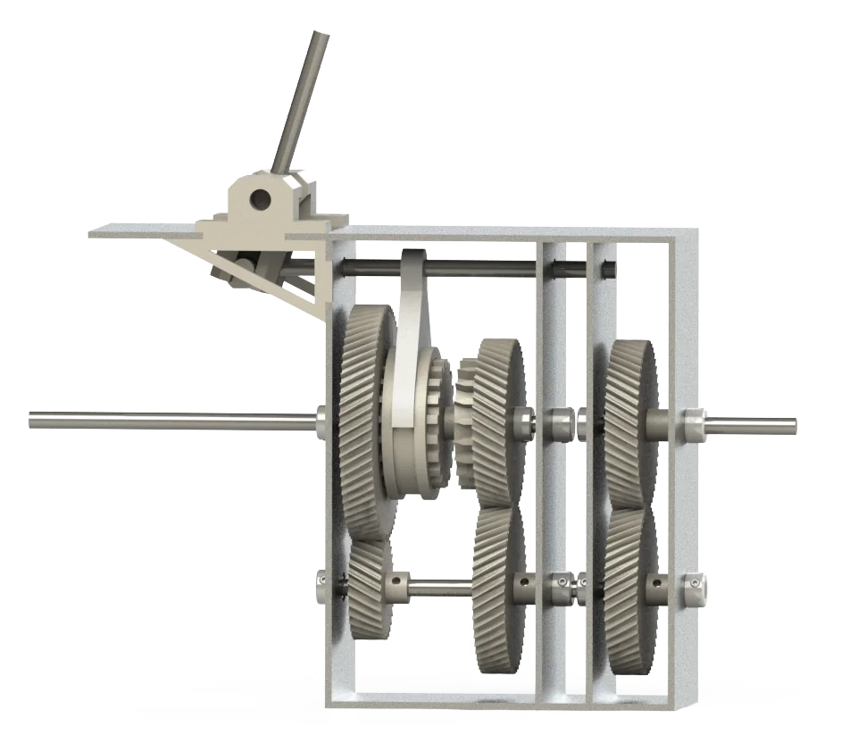 Exploded CAD view of a two-speed gearbox