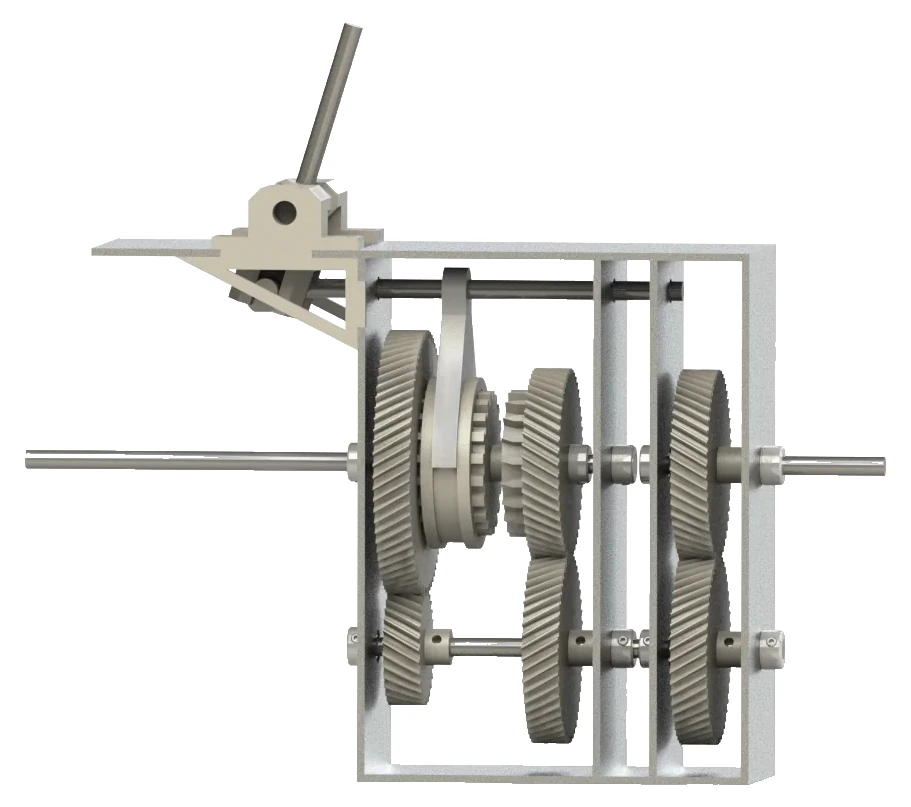 Exploded CAD view of a two-speed gearbox