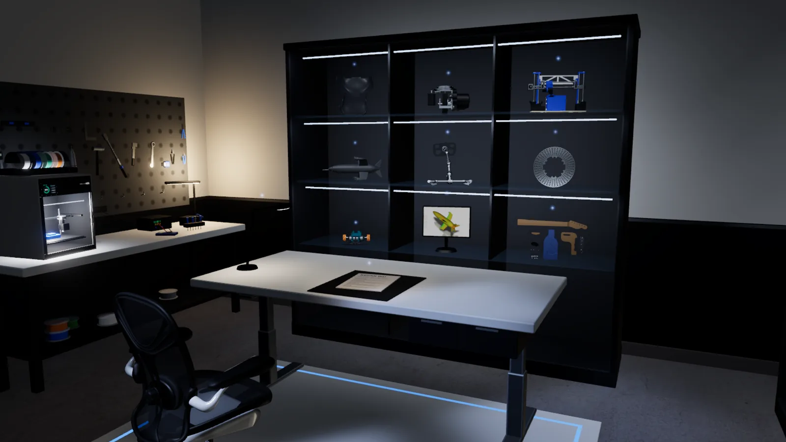 Preview of the 3D workshop, with engineering projects on illuminated shelves